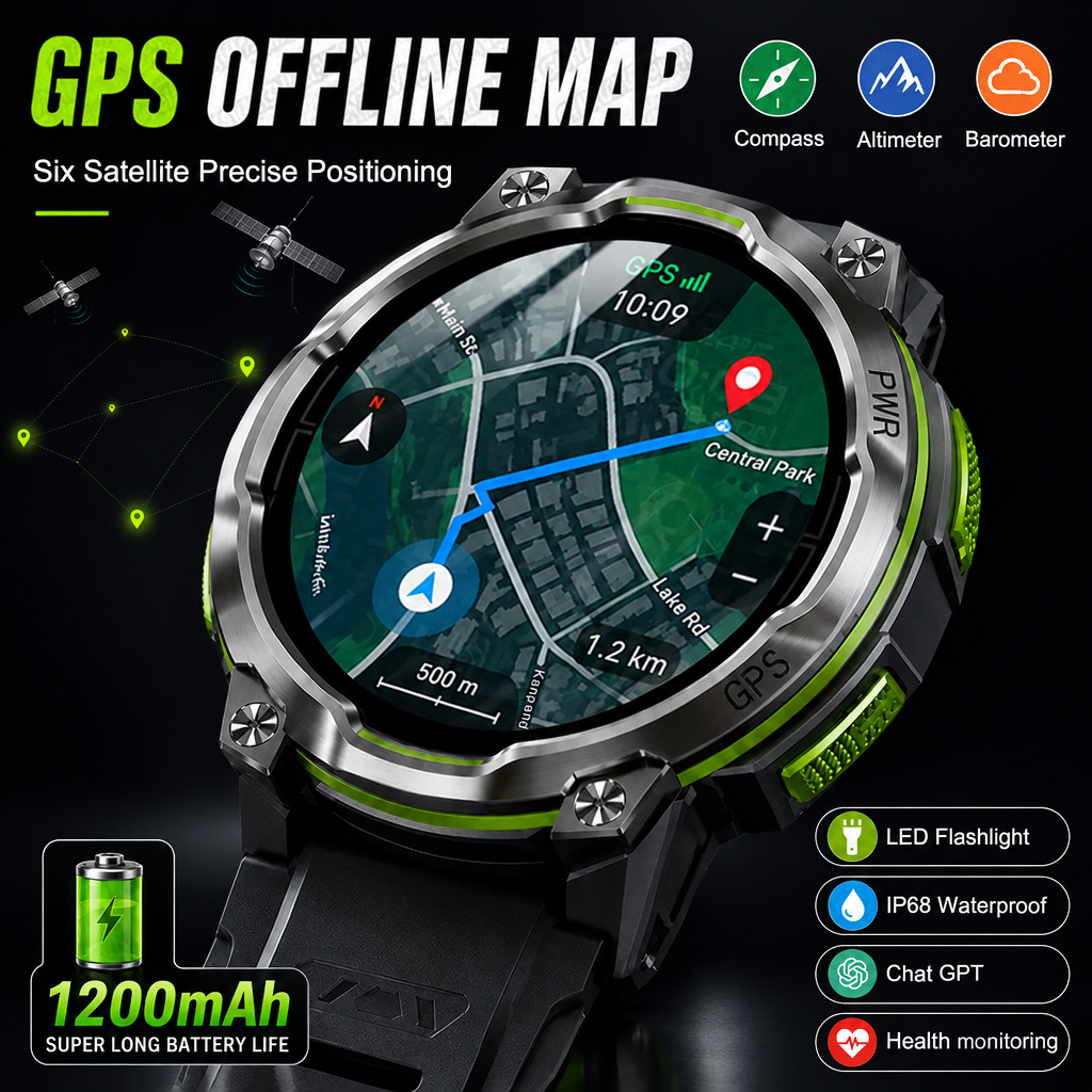 GPS smart watch with Bluetooth calling on a dark background