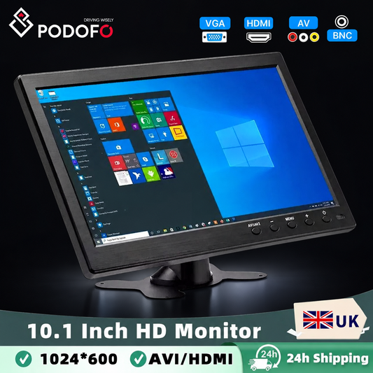 Podofo 10.1 inch LCD monitor with HDMI and VGA on a dark background