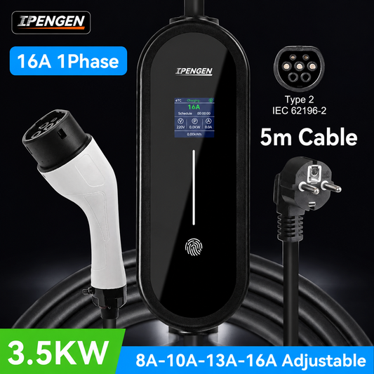 IPENGEN 3.5kW portable EV charger with 5m cable and Type 2 connector on a dark background