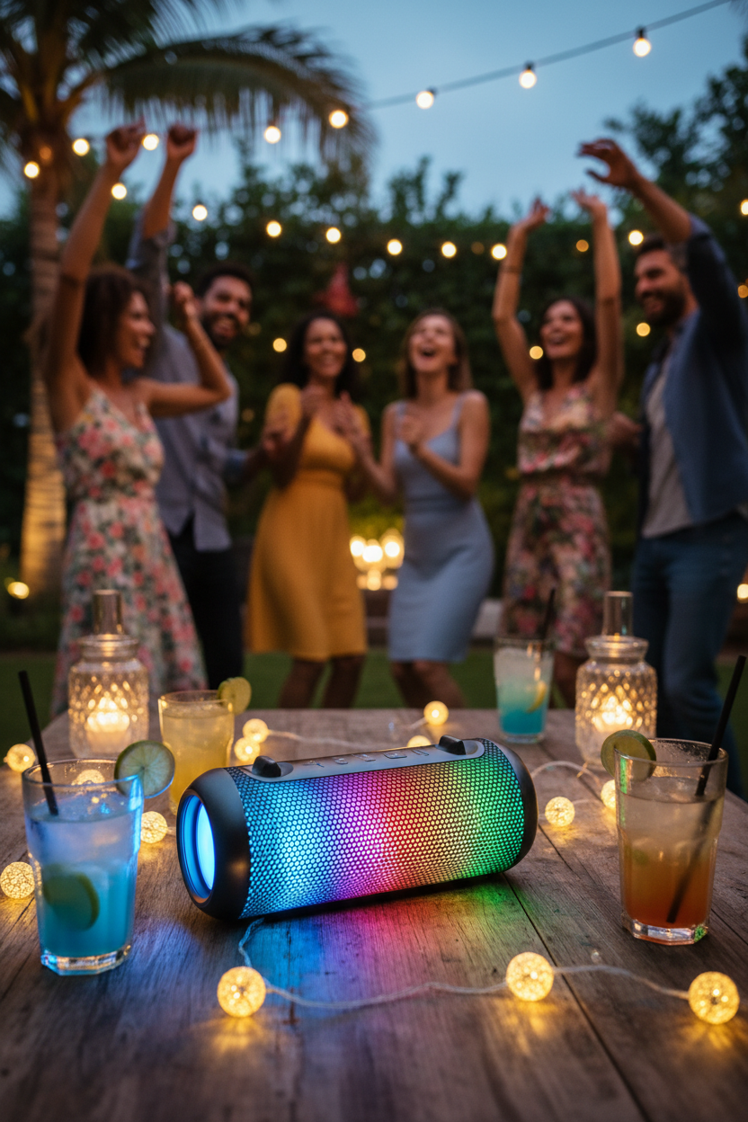 GizmoLaxy Pro Party Speaker 50W with RGB lighting at an outdoor garden party