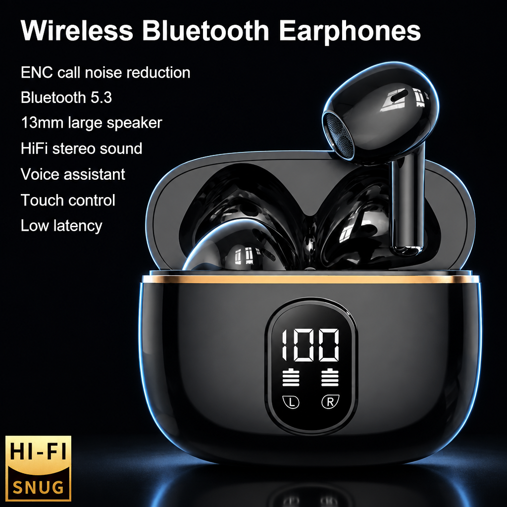 Pro4-Plus TWS earbuds, dark studio with original text