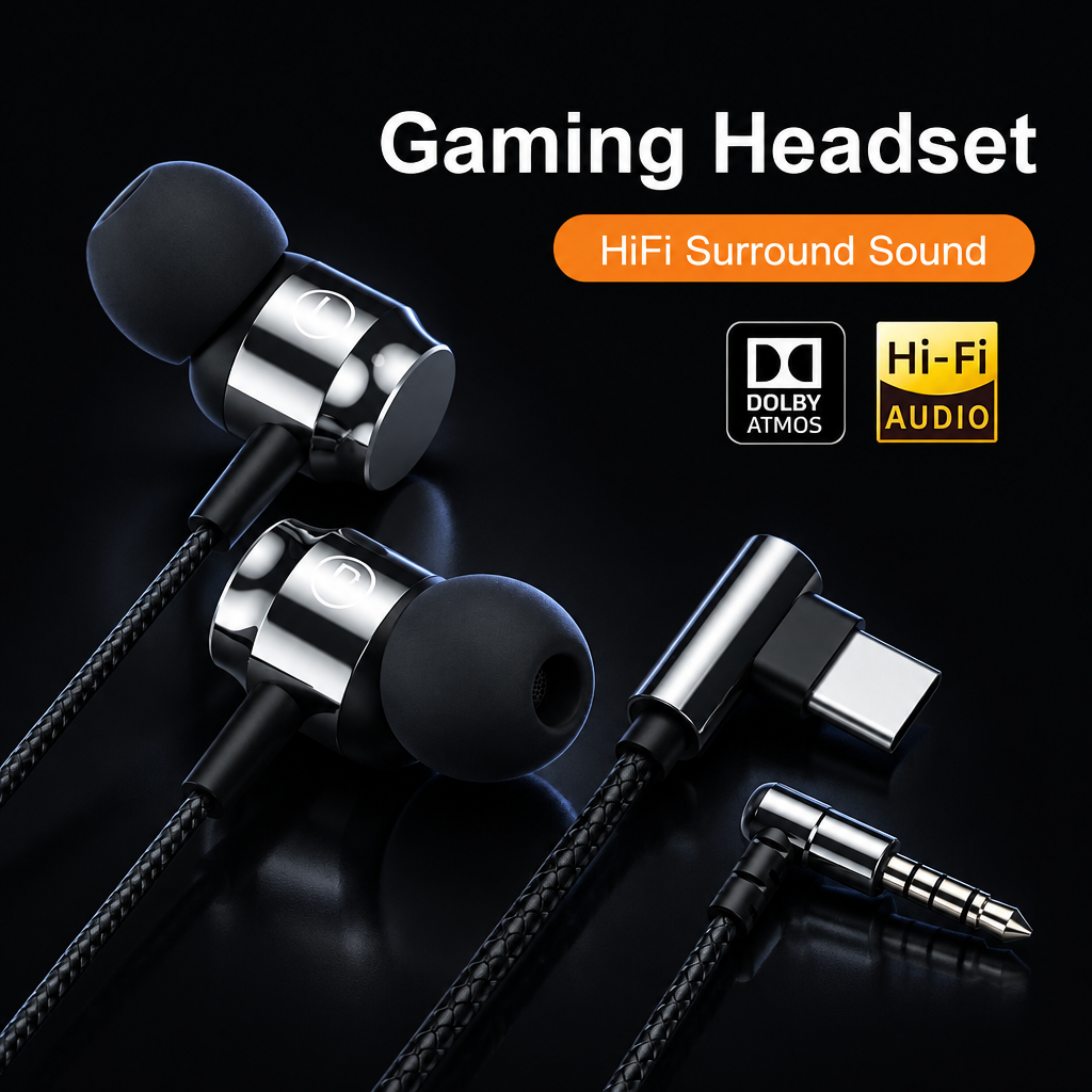 Wired gaming headset, dark studio with original text